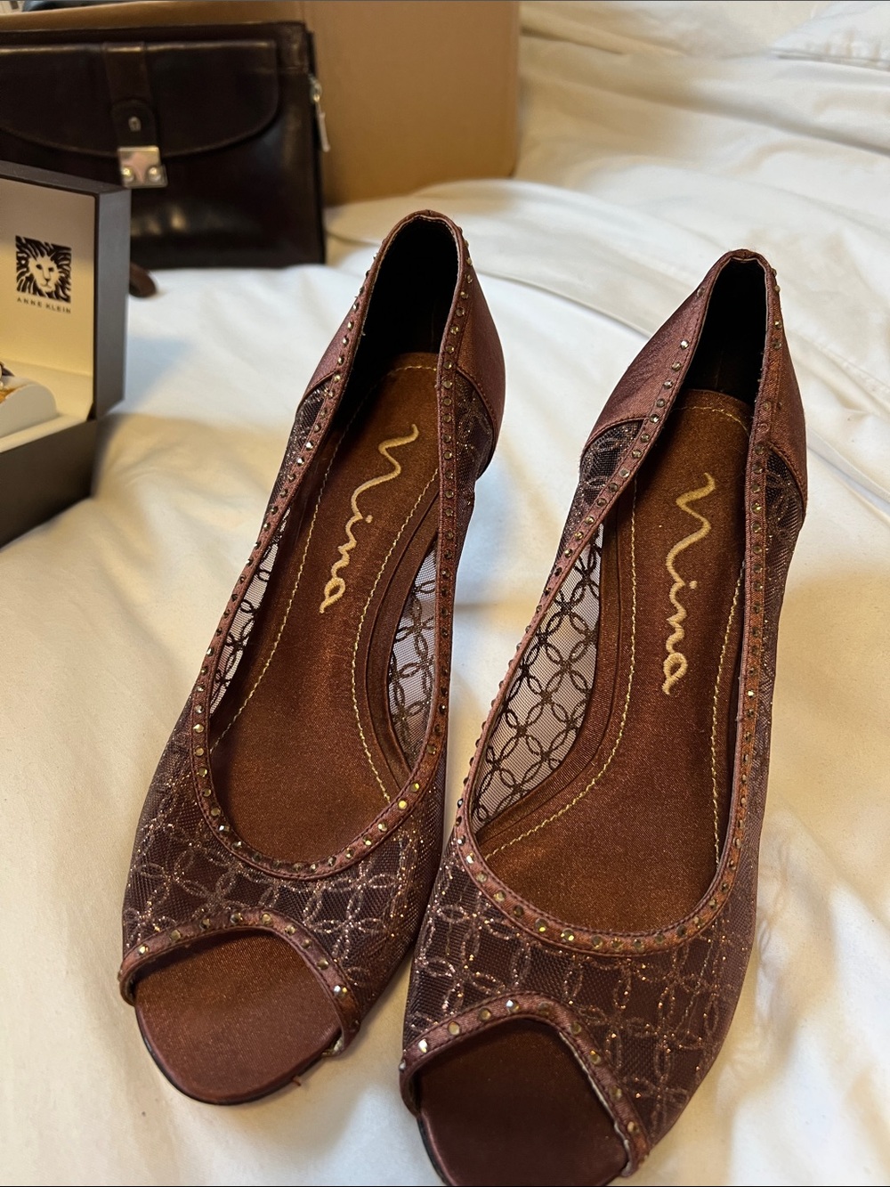 Nina Brown Peep-Toe Dress Heels with Mesh and Stud Detail